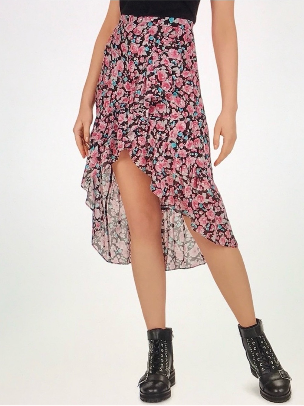 The Kooples Pink Floral High-Low Ruffle Skirt